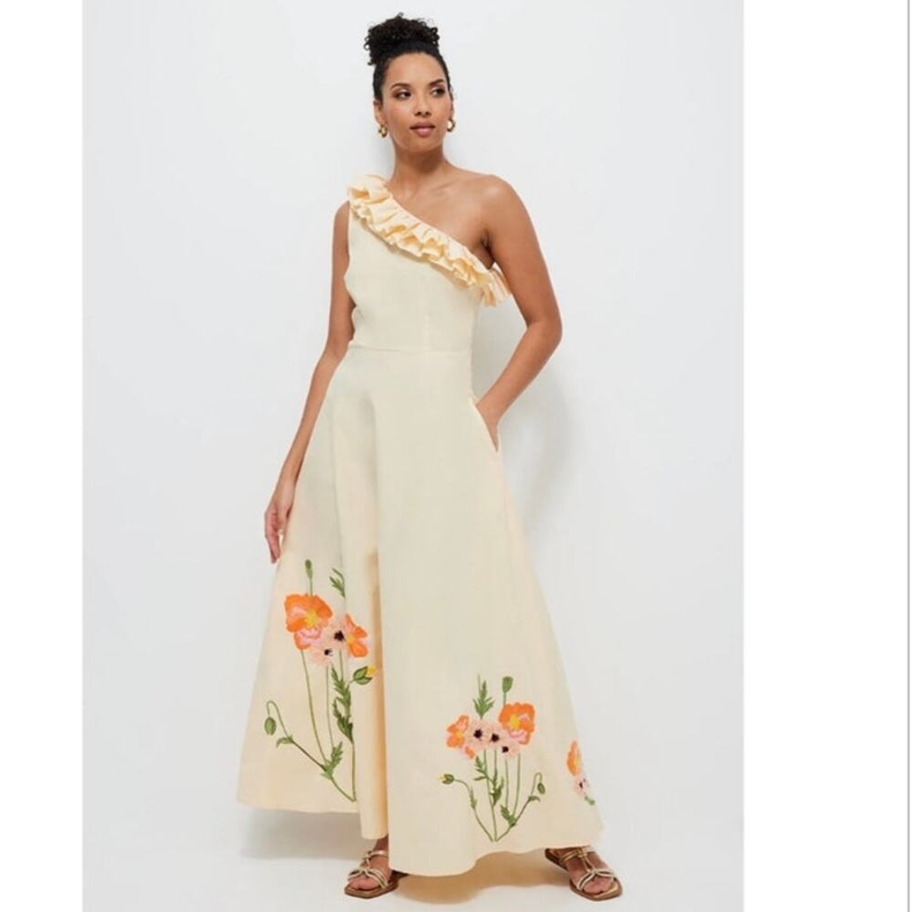 Fanm Mon Melissa One Shoulder Ruffle Butter Yellow Maxi Dress Small